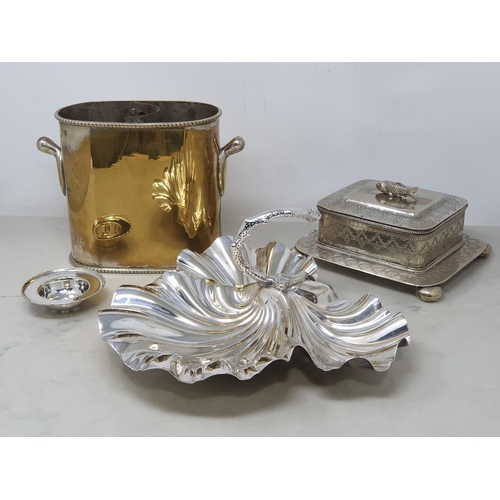 83 - Plated Items: Lidded rectangular Box with fish surmount, three division scallop Dish with twig handl... 