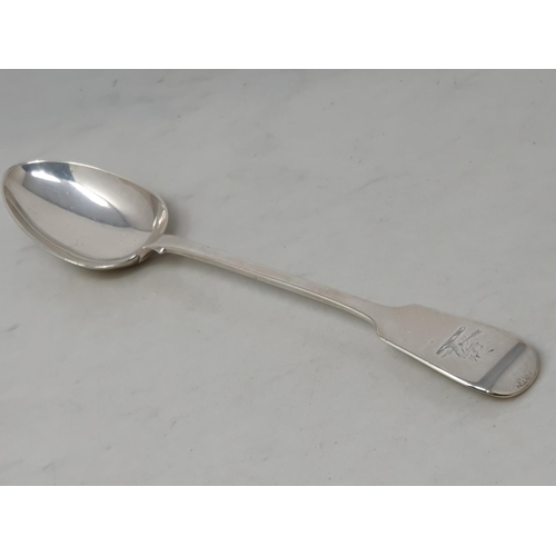 84 - A Victorian silver Basting Spoon fiddle pattern engraved crest, London 1856, 150gms