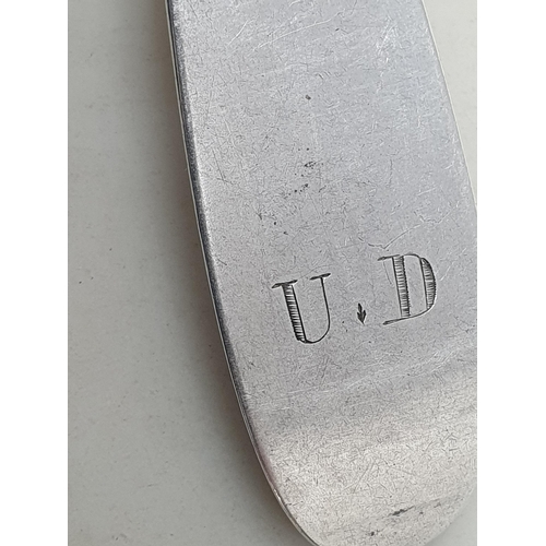 96 - A pair of French silver Table Spoons engraved initials U.D, marked D and a dagger, 115gms