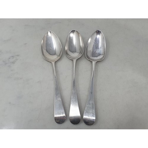 97 - Three Georgian silver Table Spoons old english pattern, London 1764/1780 and Exeter, 170gms