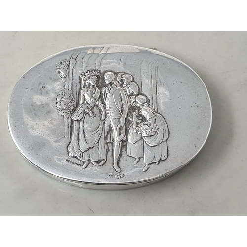 70 - An Edward VII silver oval Box embossed wedding ceremony, London 1905, 70gms