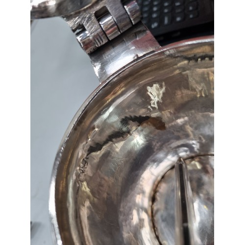 109 - A George III silver straight sided lidded Tankard with scroll thumb piece, domed id, engraved initia... 