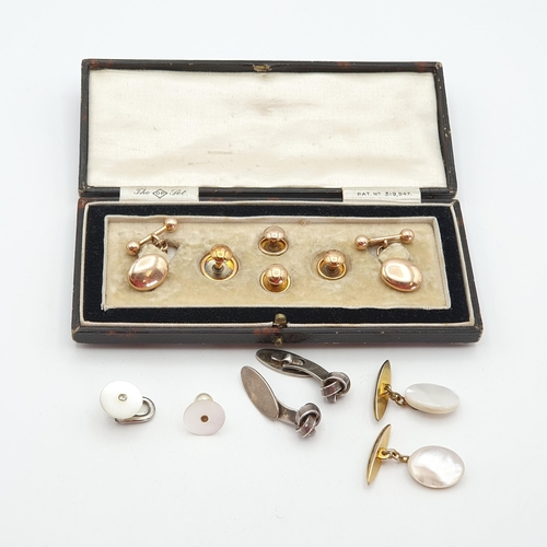 276 - A pair of antique Oval Cufflinks with bar links and four shirt studs, unmarked but XRF indicates 9ct... 