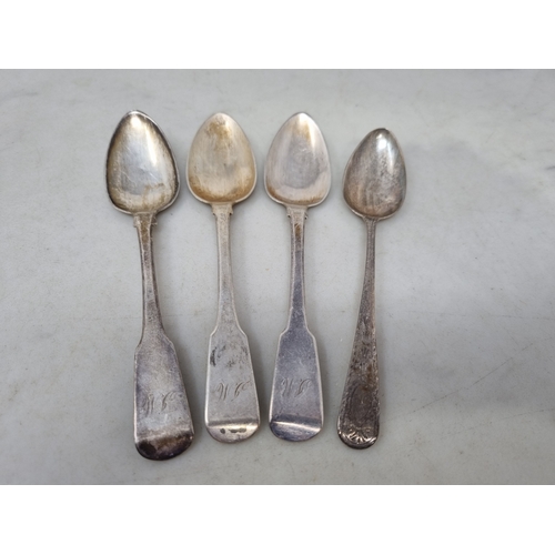 109 - Three William IV silver Teaspoons fiddle pattern engraved initials, Glasgow 1832, maker: J.S, and a ... 