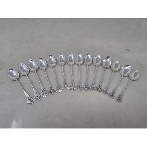 112 - Nine Victorian silver Teaspoons with finely  pierced stems, Sheffield 1888, and five others, similar... 
