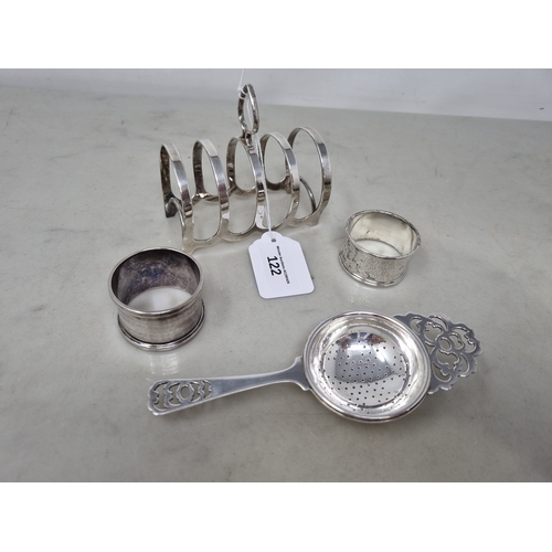 122 - A George V silver five bar Toastrack, Birmingham 1931, 80gms, two silver Napkin Rings ,another plate... 