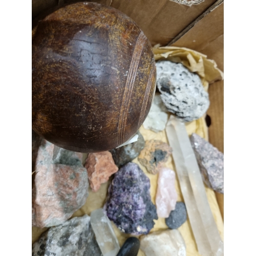 20 - A Box of Minerals, fossilized Fish Vertebrae, Reference Book and a Bowling Wood (R2)