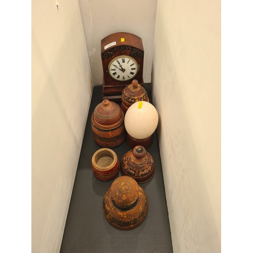 513 - A mahogany Mantel Clock (battery operated), a selection of carved and painted Boxes and Covers, an O... 