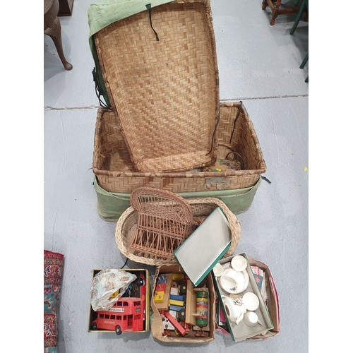 660 - A canvas covered Wicker Basket containing a box of playworn Diecast Models to include a Corgi Massey... 