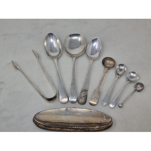 86 - A silver Jam Spoon, two Teaspoons, Sugar Tongs, four Condiment Spoons and a silver mounted Nail Buff... 