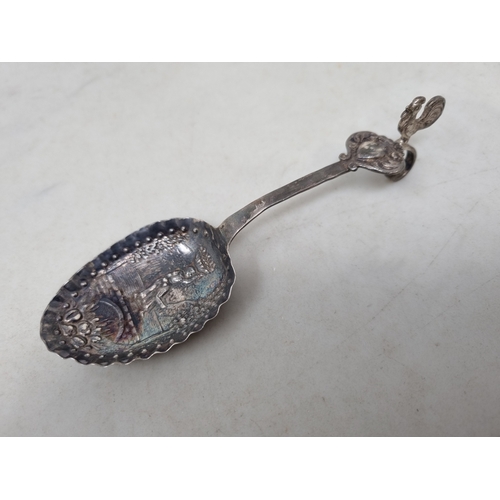 93 - A Victorian Continental silver Spoon embossed figure, cockerel finial, import mark London 1890, and ... 