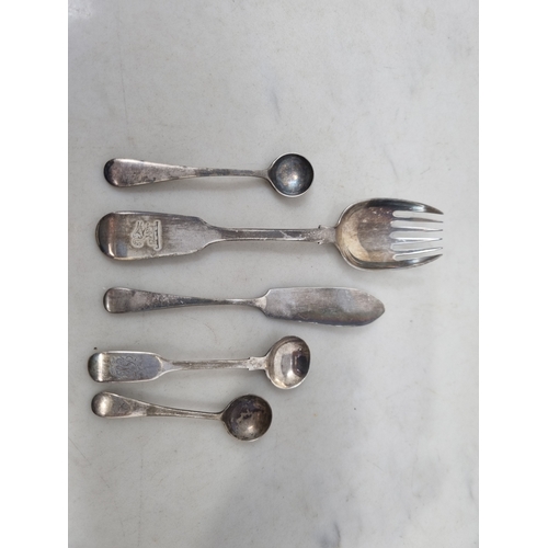 95 - A Victorian silver Spoon/Fork fiddle pattern engraved crest, London 1849, a Butter Knife and three s... 