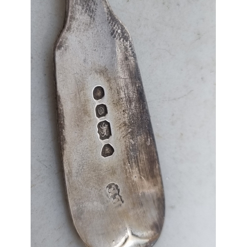 95 - A Victorian silver Spoon/Fork fiddle pattern engraved crest, London 1849, a Butter Knife and three s... 