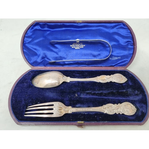 98 - A Victorian silver Christening Spoon and Fork, London 1855, in case, and a pair of Georgian silver b... 