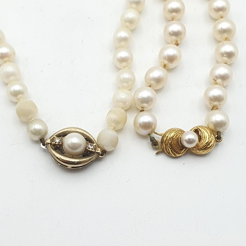 244 - Two strings of Cultured Pearls both on clasps stamped 375, one set cultured pearl and tiny diamonds ... 