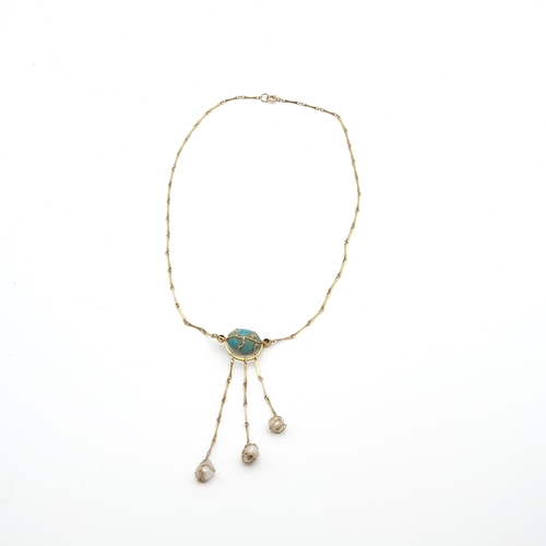 253 - An antique revival necklace set turquoise between split pearls suspending three drops each set baroq... 