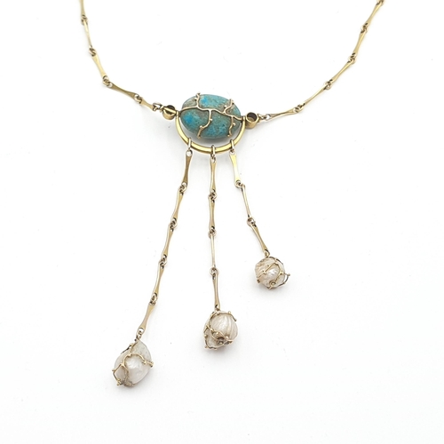253 - An antique revival necklace set turquoise between split pearls suspending three drops each set baroq... 