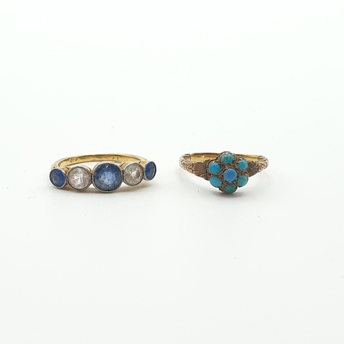 258 - A Turquoise Cluster Ring, unmarked, ring size N and a five stone Ring millegrain-set blue and white ... 
