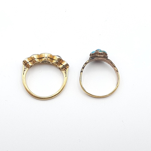 258 - A Turquoise Cluster Ring, unmarked, ring size N and a five stone Ring millegrain-set blue and white ... 