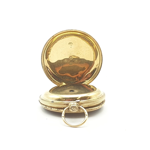 259 - A Victorian 18ct gold cased open faced Pocket Watch the floral engraved dial with Roman numerals in ... 