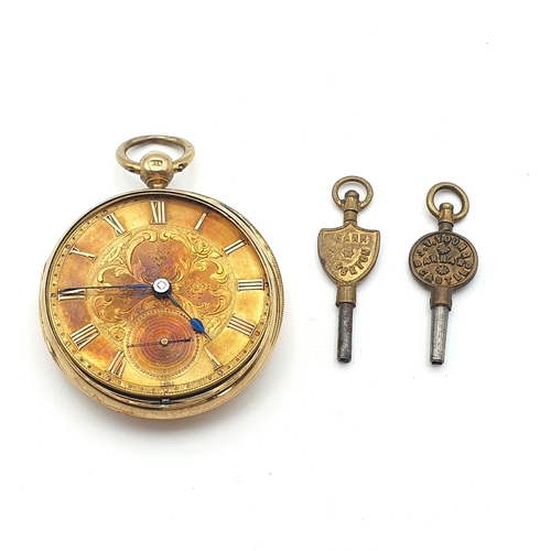 260 - A Victorian 18ct gold cased open faced Pocket Watch the floral engraved dial with Roman numerals and... 