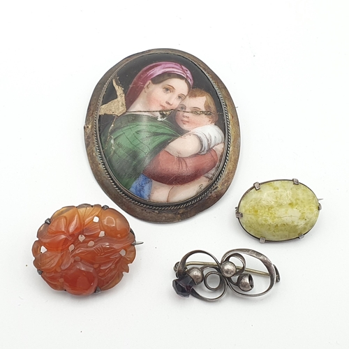 263 - A hinged Bangle with engraving to front marked Sterling silver, Coin Brooch, Agate Brooch, ceramic B... 