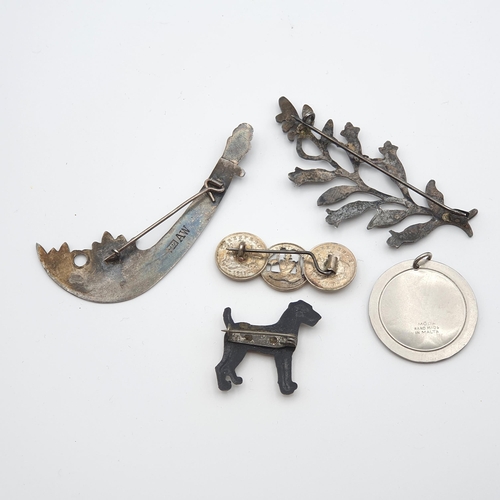 263 - A hinged Bangle with engraving to front marked Sterling silver, Coin Brooch, Agate Brooch, ceramic B... 