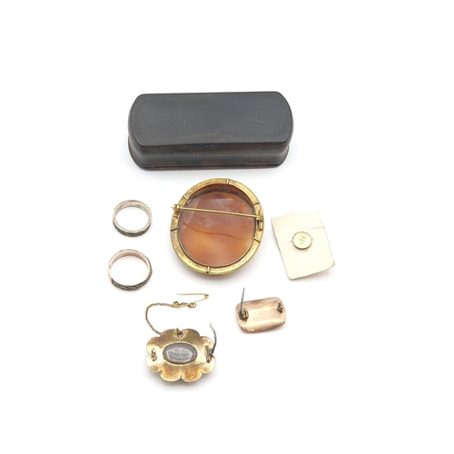 266 - A carved shell Cameo Brooch of bust in profile in yellow metal frame, three Mourning Brooches and tw... 