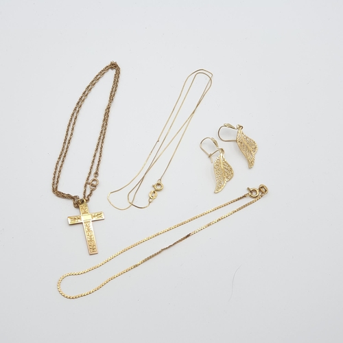 271 - A Pendant Cross on chain, an 'S' link Chain, a very fine Chain and a pair of leaf effect Earrings, a... 