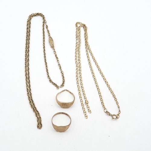 272 - Two broken Chains stamped 9ct and a 9ct gold Signet Ring and a further Ring (a/f), total weight appr... 