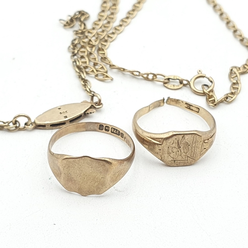 272 - Two broken Chains stamped 9ct and a 9ct gold Signet Ring and a further Ring (a/f), total weight appr... 