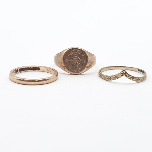 273 - Three 9ct gold Rings including an early 20th century Signet Ring, ring size O, approx 6.8gms