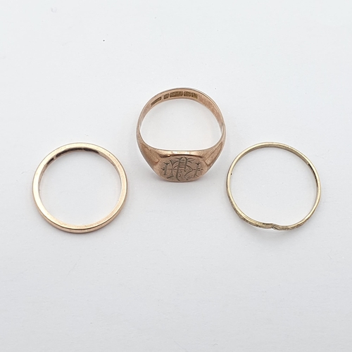 273 - Three 9ct gold Rings including an early 20th century Signet Ring, ring size O, approx 6.8gms