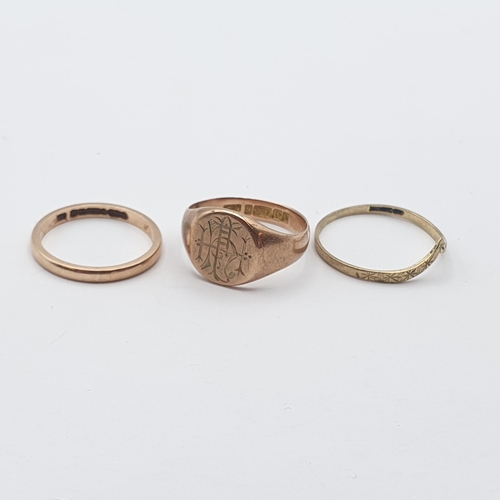 273 - Three 9ct gold Rings including an early 20th century Signet Ring, ring size O, approx 6.8gms