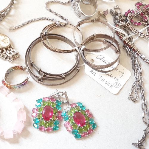 288 - A collection of silver and other Jewellery, rose quartz Beads, clam shell Purse etc