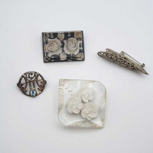 296 - Two vintage reverse carve Lucite Brooches, a silver Art Nouveau style Brooches set blue topaz and a ... 