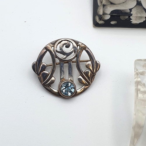 296 - Two vintage reverse carve Lucite Brooches, a silver Art Nouveau style Brooches set blue topaz and a ... 