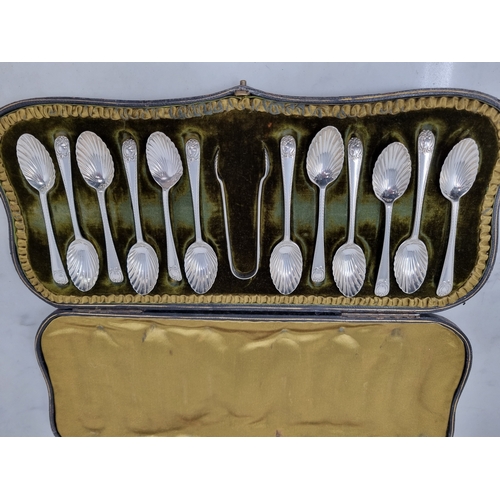 53 - One dozen Victorian silver Teaspoons with shell bowls and a pair of Sugar Tongs, London 1898, in cas... 