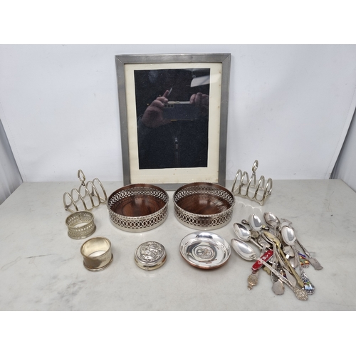 58 - Plated Items: pair of Toastracks, pair of pierced circular Coasters, Trinket Box, Napkin Rings, Souv... 