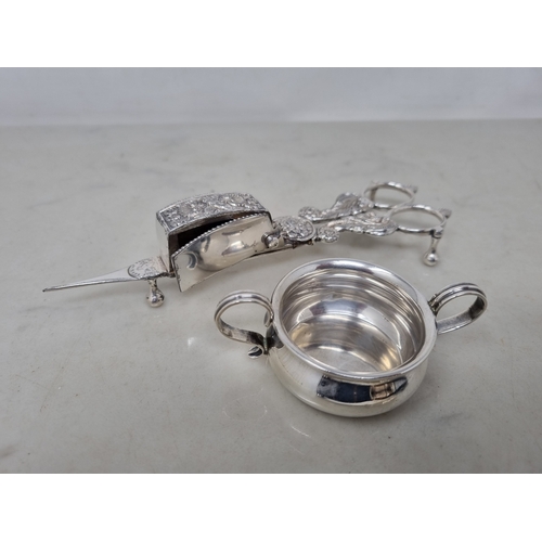 62 - A George V silver two handled  Pot, London 1911,and a pair of plated Hobday patent Candle Snuffers w... 