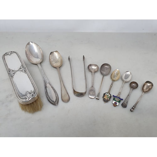 72 - A pair of George III silver bright-cut Sugar Tongs, London 1800, a silver mounted Brush and eight va... 