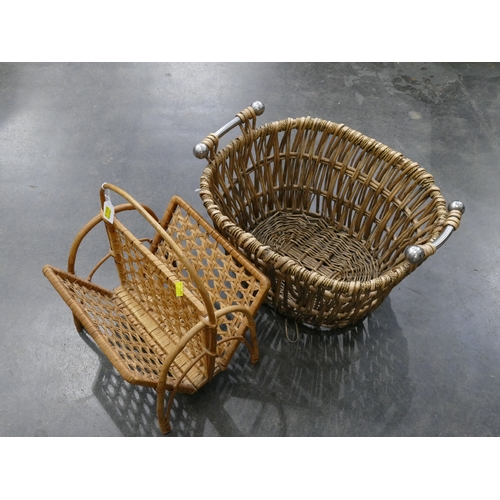 182 - Wicker log basket with metal handles and a wicker magazine rack