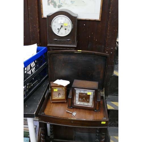 194 - Granddaughter clock in wooden beaded case, lidded cutlery tray on barley twist legs, Mappin & Webb m... 