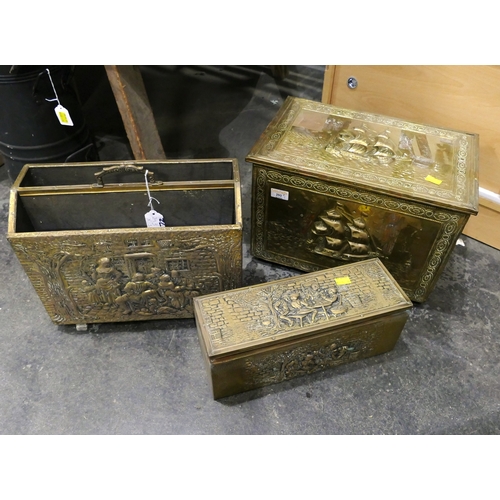 293 - Brass log box, magazine rack and kindling box