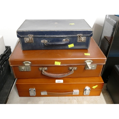 171 - Wooden carry case and two small vintage suitcases