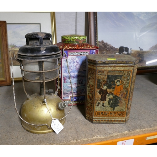 198 - Oil lantern and two vintage biscuit tins including Coleman's Mustard