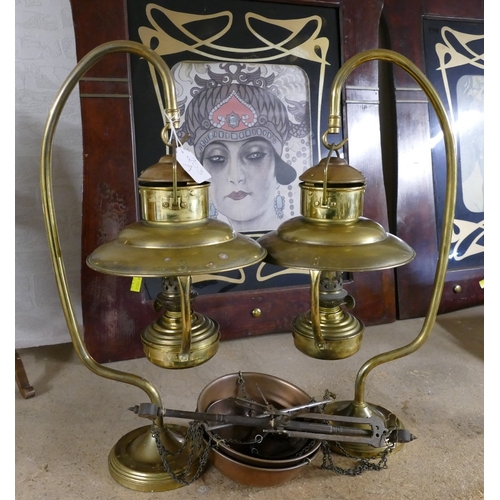 203A - Pair of hanging brass oil lamps and 2 part pairs pf copper balance scales.