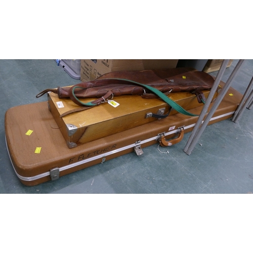 102 - Flight case with padded interior, wooden gun case and leather gun slip