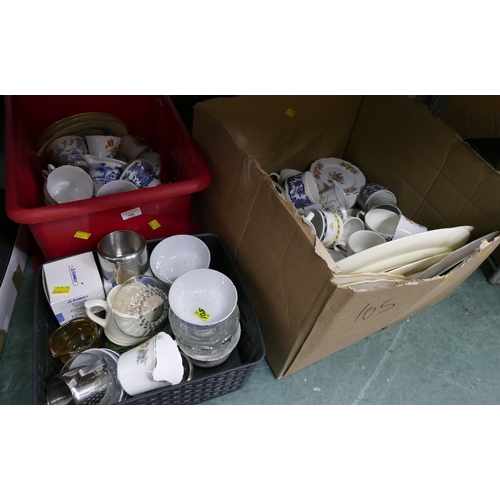 105 - Three boxes of ceramics and glassware