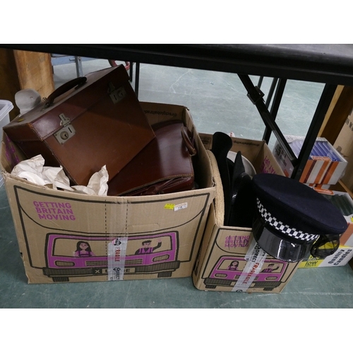 116 - Two boxes of leather bags, mirror, ashette, vintage hats etc